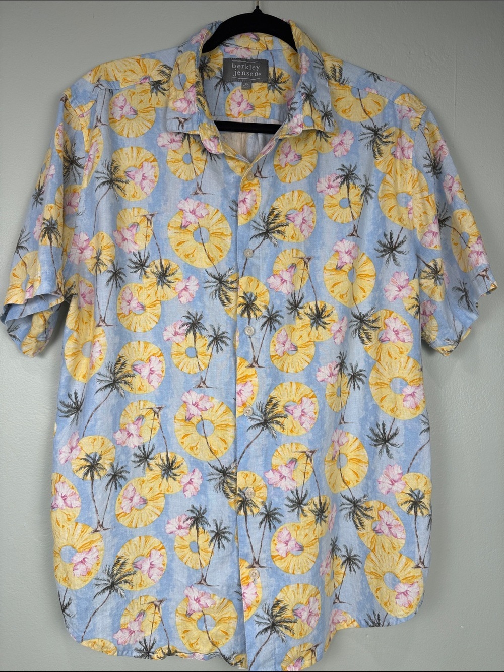 🌴Berkley Jensen Men Linen Blend Hawaiian Pineapple Palm Tree Short Sleeve SizeXL